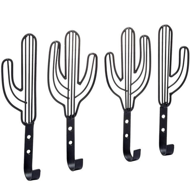 MyGift Wall Mounted Decorative Black Metal Entryway Coat Hooks Saguaro Cactus Shaped Hanging Novelty Hooks, Southwest Style Home Decor, Set of 4