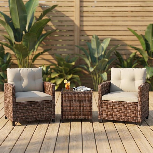 GarveeLife 3 Pieces Patio Furniture Set, PE Rattan Patio Conversation Set with Tempered Glass Tabletop, Outdoor Wicker Chairs and Table Set for Patio Balcony Garden, Brown & Beige