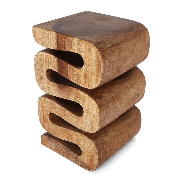 Rutledge & King Aspen Hand Carved End Table - Suar Wood Side Table - Natural Wood Table