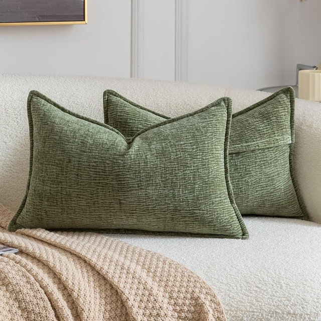 MADIZZ Pack of 2 Decorative Throw Pillow Covers Soft Chenille Throw Pillows Solid Textured Cushion Covers for Couch Sofa Bedroom Living Room 20x12 Inch, Green