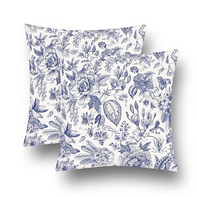 Blue and White Porcelain Floral Throw Pillow Covers Set of 2 Elegant Floral Chinoiserie Decoration Cushion Cover Vintage Pillow Case for Bed Living Room Couch Outdoor Home Decor, 18x18 Inches