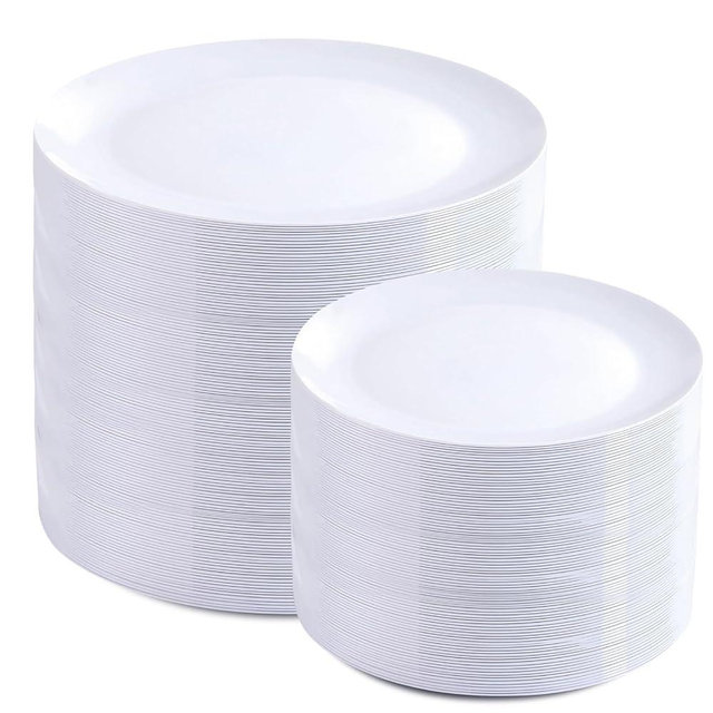 PULOTE 200 Pieces White Plastic Plates Disposable - Include 100PCS 10 inch Dinner & 100PCS 7 inch Dessert Plates, Ideal for Party & Wedding