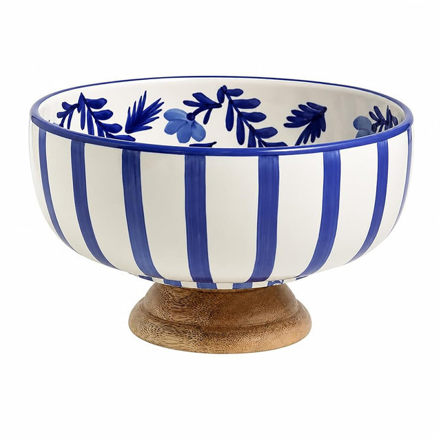 Mud Pie Blue Ceramic and Wood Pedestal Bowl