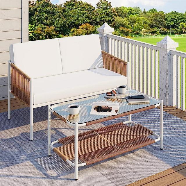 JAMFLY Patio Furniture 2 Piece Wicker Set, Outdoor Patio Furniture Rattan Conversation Set, All Weather Patio Set Loveseat Sofa for Backyard, Balcony, Porch with Soft Cushions and Glass Table