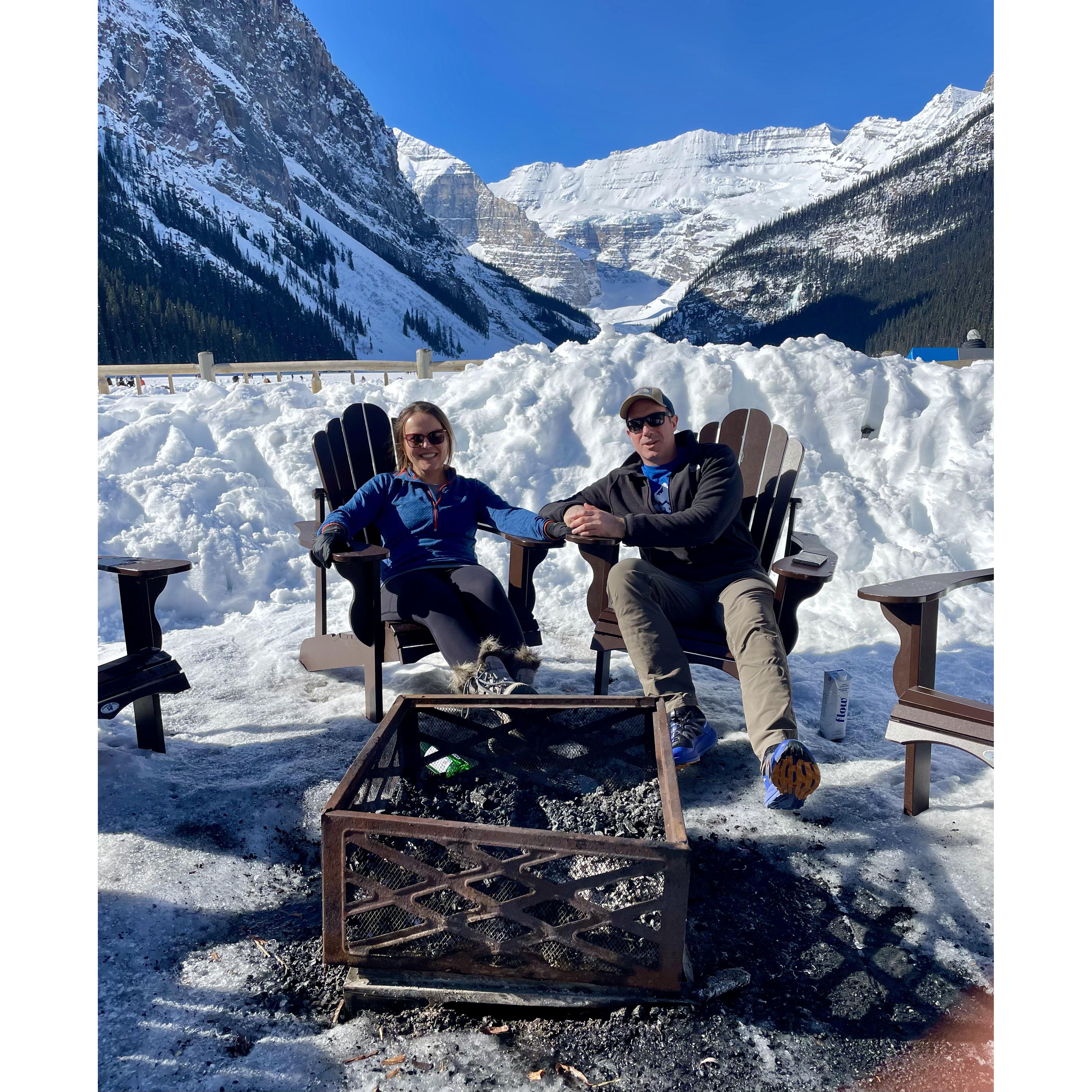 On Lake Louise, checking out our wedding venue in March 2024