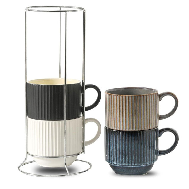 glowworm Coffee Mugs with Stand, Stackable Coffee Mugs Set of 4, Wedding Housewarming Gift, Modren Ceramic Cups for Milk, Cocoa, Microwave & Dishwasher Safe, Multicolor