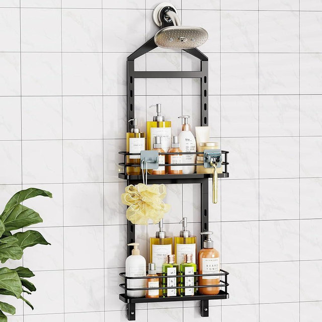 ODesign 2 Tier Shower Caddy Organizer-Over The Shower Head Caddy-Anti-Swing Hanging Bathroom Shelves-Shower Storage Basket Rack Height-Adjustable Large Shower Caddies-Black
