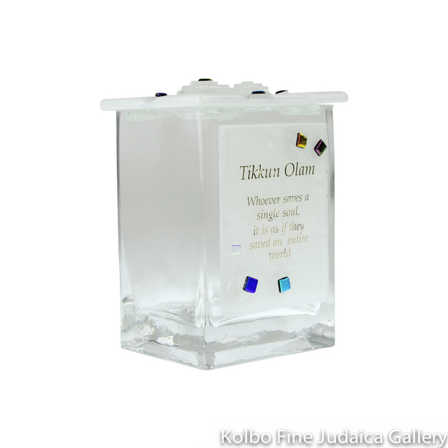 Tzedakah Box, Geo Design with Tikkun Olam, Fused Glass