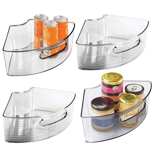 mDesign Deep Plastic Kitchen Cabinet Lazy Susan Storage Organizer Bin with Front Handle - Small Pie-Shaped 1/4 Wedge, 4" High Container - Holds Tea, Coffee, Dry Goods, Pastas - 4 Pack - Smoke Gray