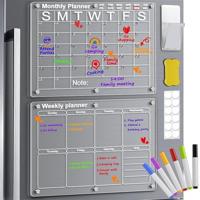 Yirilan Magnetic Acrylic Calendar for Fridge, 2 Pcs Clear Dry Erase Board for Refrigerator, Reusable Monthly & Weekly Planner Includes 6 Colors Markers(16x12 Inches)