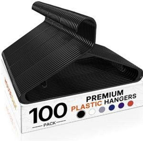 HOUSE DAY Black Plastic Hangers 100 Pack, Plastic Clothes Hangers with Built-in Hooks, Durable and Strong Coat Hangers for Closet, Space Saving Clothing Hanger for Shirts, Coats, Skirt, Dress