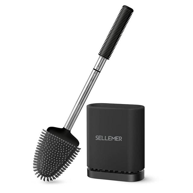 Sellemer Toilet Brush and Holder Set for Bathroom, Flexible Toilet Bowl Brush Head with Silicone Bristles and Stainless Steel Handle, Compact Size for Storage, Ventilation Slots Base (Black)