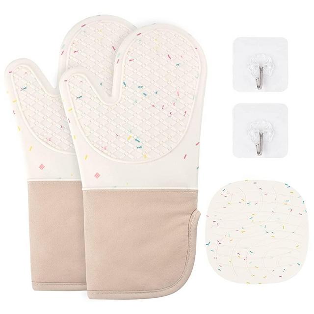 AUAUY Oven Mitt, Kitchen Silicone Waterproof Oven Mitts, Heat Resistant 446℉ Non-Slip Silicone Oven Mittens Quilted Liner with 1 Hot Pads Potholders for BBQ Kitchen Baking Cooking