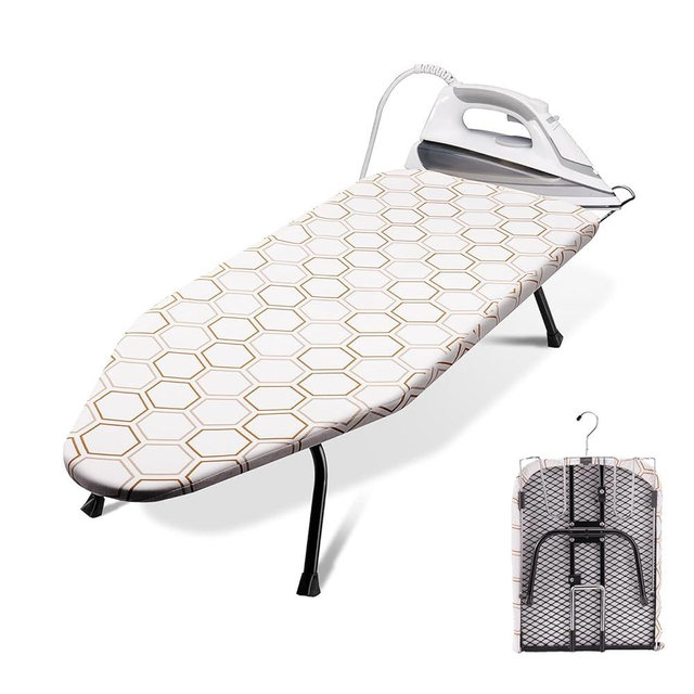 SheeChung Small Tabletop Ironing Board 32" Lx12 W,Folding Ironing Board with Iron Rest,Mesh Metal Base,Cotton Cover,Hook for Hanging,Portable Mini Iron Board for Sewing Craft Room Dorm,Hexagon