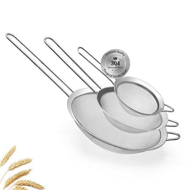 3 Fine Mesh Strainers Set with Handle for Kitchen - Sizes 7", 4.7", 3.3", Easy Clean 304 Stainless Steel, Comfortable Non-Slip Grip. Ideal for Tea, Coffee, Rice, Quinoa, Veggies & Fruits