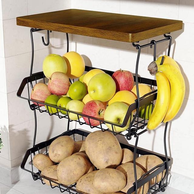 OKZEST 3-Tier Fruit Basket for Kitchen Counter with Banana Hangers, Countertop Organizer Fruit Bowls with Wood Top, Fruit Storage Basket Stand for Storage Potato Onion Bread Snack Fruit Veggie