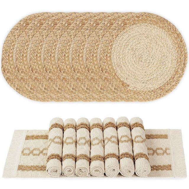 YANGQIHOME Boho Placemats Set of 8, Farmhouse Rustic Woven Placemats for Dining Table Decor, Handmade Braided Place Mats in Natural Cotton Jute and Water Straw for Kitchen Table