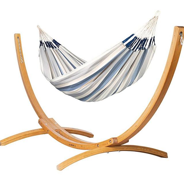 LA SIESTA Outdoor Double Hammock with Sustainable Wood Arc Stand - Brisa Sea Salt Weather-Resistant