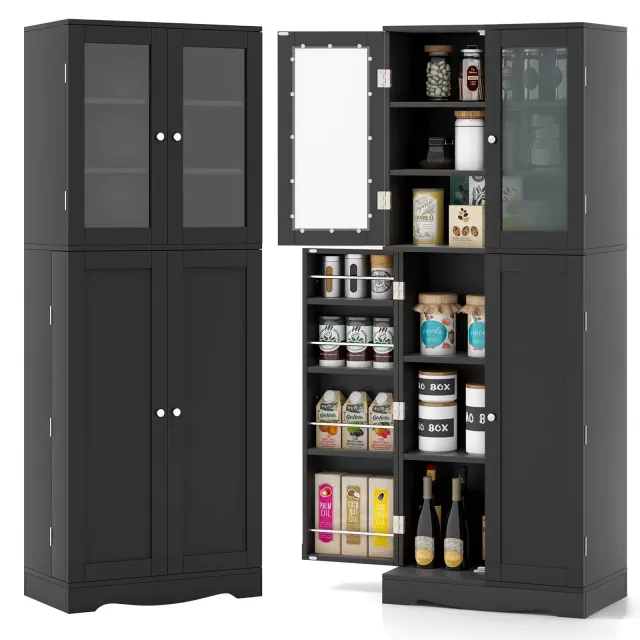Costway 63.5" Tall Kitchen Pantry Storage Cabinet with Glass Door Storage Shelves Black