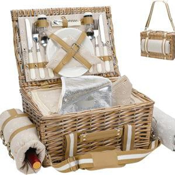 G GOOD GAIN Picnic Basket for 2-19Pcs Wicker Picnic Set with Waterproof Blanket & Wine Bag| Large Picnic Hamper with Insulated Cooler & Cutlery Kit for Couples Camping,White Flower