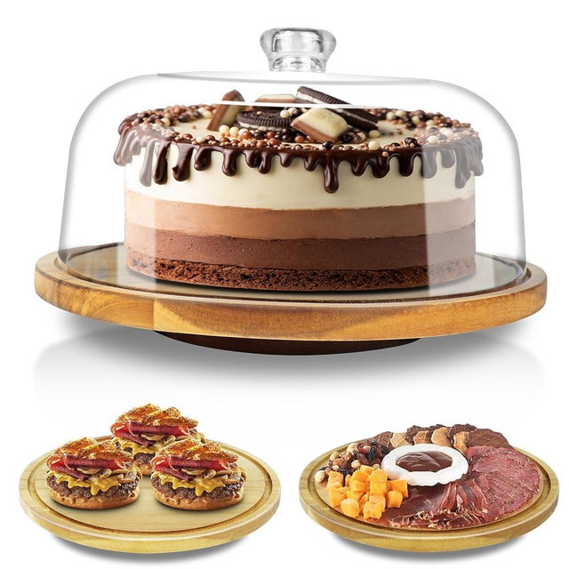 cutesun Wood Cake Stand with Lid, 12in Acacia Wood Cake Plate with Cover, Wooden Cake Display Stand with Acrylic Dome, Cake Holder Tray for Wedding Gift，Kitchen,Birthday,Parties,Baking Gifts
