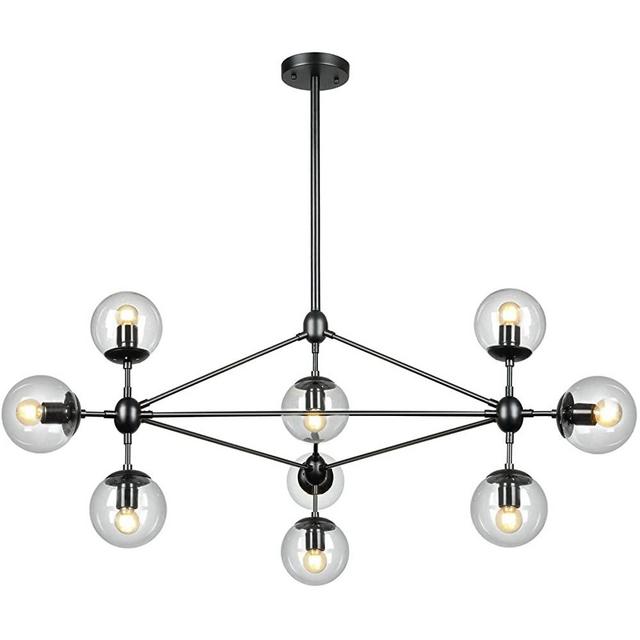 LAMPUNDIT DNA 10-Light Chandelier Black Finish with Globe Glass Shade, Modern Chandelier for Kitchen Island Dining Room Living Room
