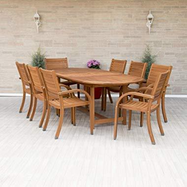 Amazonia Arizona 9 piece Oval Outdoor Dining Set Eucalyptus Wood | Durable and Ideal for Patio And Backyard, Light Brown