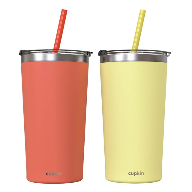 CUPKIN Stainless Steel Insulated Tumbler with Lid and Straw, 20 oz Stainless Steel Cups, Set of 2 Travel Coffee Mug for Adults, Iced Coffee Cup with Lid, Tumbler for Travel (Coral + Yellow)