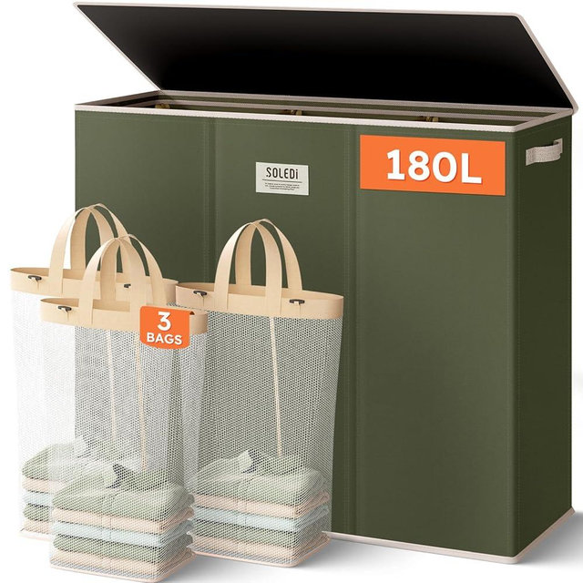 SOLEDI 180L 3-Section Laundry Hamper with Lid, Extra Large Dirty Clothes Basket with Sturdy Handles for Laundry Room & Bedroom - Durable Organizer for Sorting Laundry