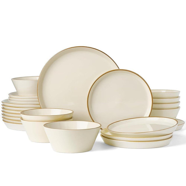Famiware Saturn Stoneware Dinnerware Sets for 8 (24 Pieces), Ceramic Plates and Bowls Dish Sets with Hand-Painted Trim - Chip & Scratch Resistant, Microwave & Dishwasher Safe Tableware, Vanilla White