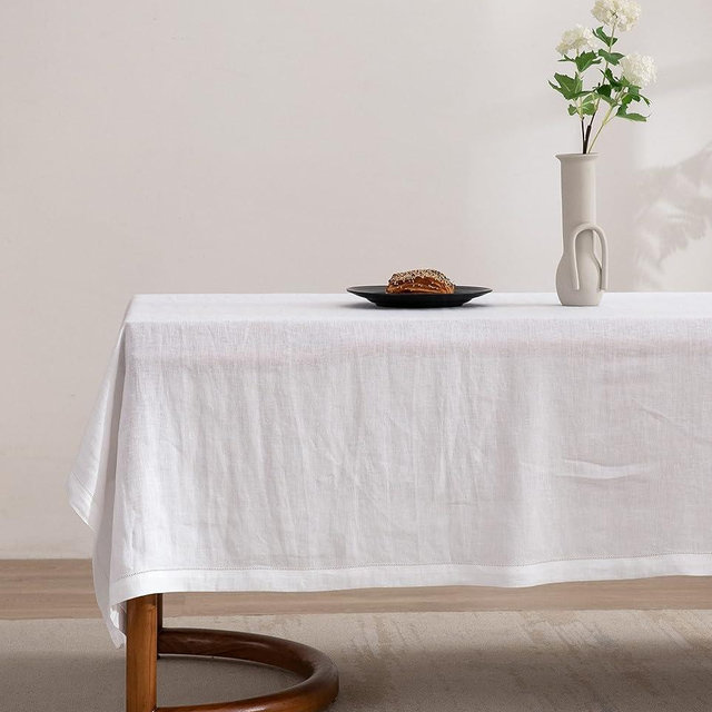EVERLY Pure Linen Hemstitch Tablecloth,100% Stonewashed French Linen tablecloths for Kitchen Dining Rectangle Tables,60x108Inch Machine Washable Christmas Thanksgiving Organic Tablecloth-White