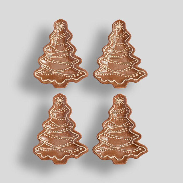 Gingerbread Tree Stoneware Appetizer Plates, Set of 4 - Brown