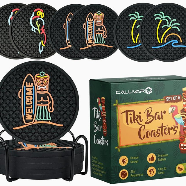 Tiki Bar Coasters Set of 6 with Holder, Tiki Bar Decor Silicone Coasters with Surfboard Warrior, Wave & Palm Tree and Parrot Designs, Hawaiian Decor Black Coasters, Outdoor Tiki Bar Rubber Decorations