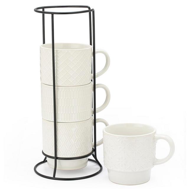 Signature Housewares White Embossed Stackable Coffee Mug Set with Rack - 15 Ounce Coffee Mugs for Coffee, Tea, Cocoa, Milk, Cappuccino, Hot Chocolate Set of 4, White Glazed Ceramic