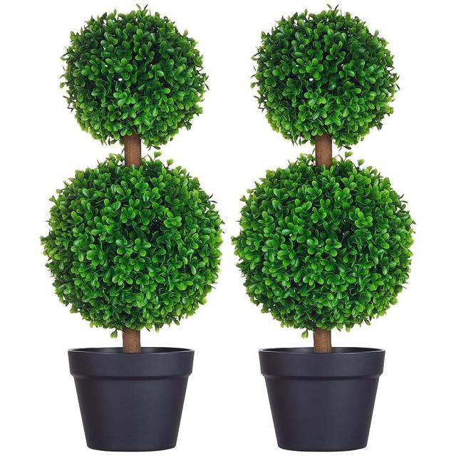 HOMCOM Set of 2 23.6" Artificial Ball Boxwood Topiary Trees with Pot, Indoor Outdoor Fake Plants for Home Office & Living Room Decor