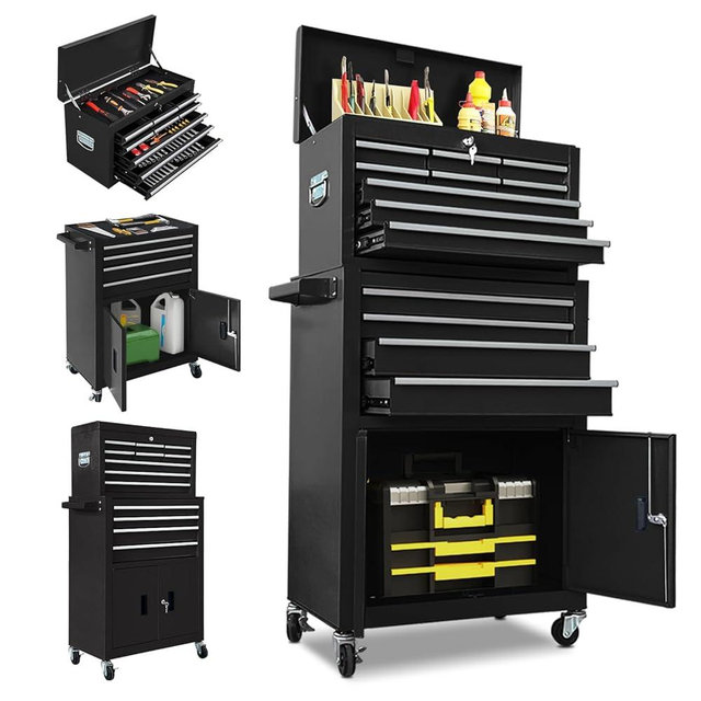13 Drawer Rolling Tool Chest with Double Door, 2 in 1 Detachable Tool Box with Lock, Heavy Duty Rolling Tool Cabinet with Wheels & Brakes, Mechanic Tool Cart Organizer for Garage,Gift for Men (Black)