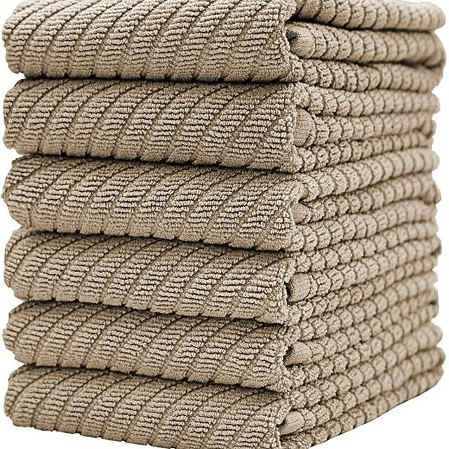 Premium Kitchen Towels (16”x 25”, 6 Pack) – Large Cotton Kitchen Hand Towels – Diagonal Weave Design – 445 GSM Highly Absorbent Tea Towels Set with Hanging Loop (Tan)