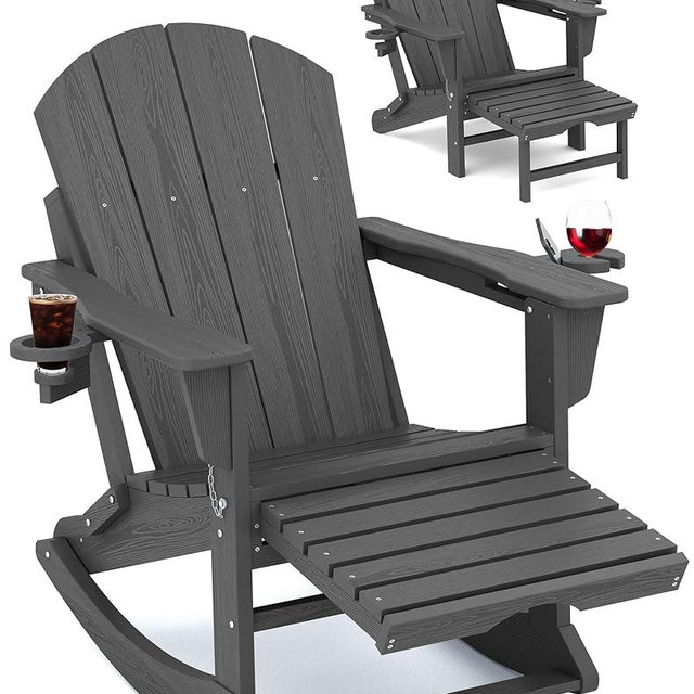 KINGYES Folding Adirondack Rocking Chair with Retractable Ottoman&Dual Cup Holders, 4-in-1 Multifunctional Adirondack Rocking Chair Outdoor Adirondack Chair for Porch Patio and Lawn, Grey