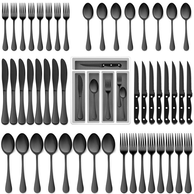 E-far Black Silverware Set with Organizer, 49-Piece Stainless Steel Flatware Cutlery Set for 8 with Tray and Steak Knives, Kitchen Metal Eating Utensils Tableware Sets, Mirror Polished & Rust Proof