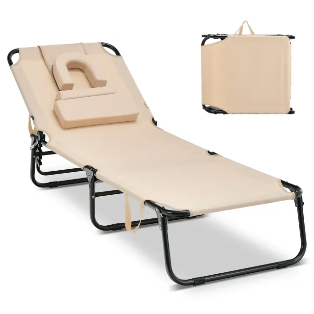 Costway Folding Chaise Lounge Chair Adjustable Outdoor Patio Beach Camping Recliner Beige