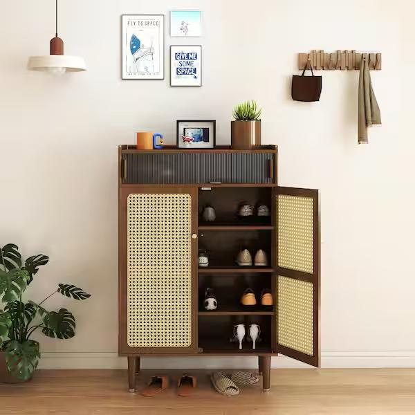 B BALANBO Ventilated Bamboo Shoe Storage Cabinet 5-Tier Entryway Organizer with Rattan Doors HJ-TBXG