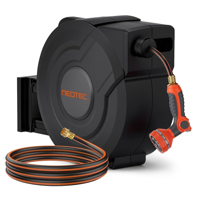 NEOTEC Retractable Garden Hose Reel 1/2 inch x 150ft - Wall Mounted Heavy Duty Hose Reel with 3/4 Inch Brass Fittings & 9-Pattern Nozzle - Auto Rewind System, Any Length Lock, 180° Swivel Bracket