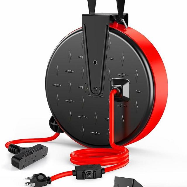 DEWENWILS 30FT Extension Cord Reel, 16/3 Gauge SJTW Power Cord, Retractable Cord Reel with 3 Outlets, Ceiling/Wall Mount for Garage, Workshop, 10A Circuit Breaker, Metal Plate, UL Listed, Red