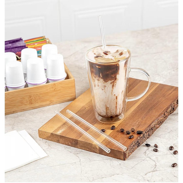 Restaurantware Glass Drinking Straw Set 10 Count 7.9 Inch Scratch-Resistant Reusable Straw With Brush - Bent Design Borosilicate Glass - Clear Durable Juice & Cocktail Straw