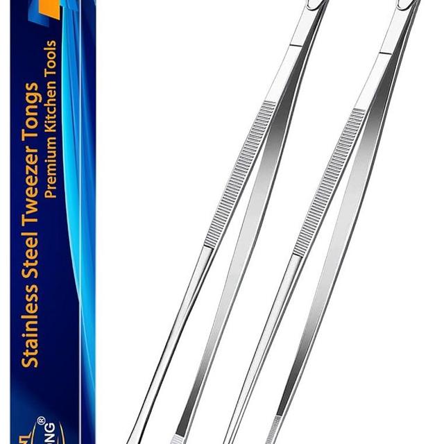 JETKONG 2 Pcs 14-Inch Food Tweezers Stainless Steel Tweezer Tongs Extra-Long Cooking Tweezers (Silver)