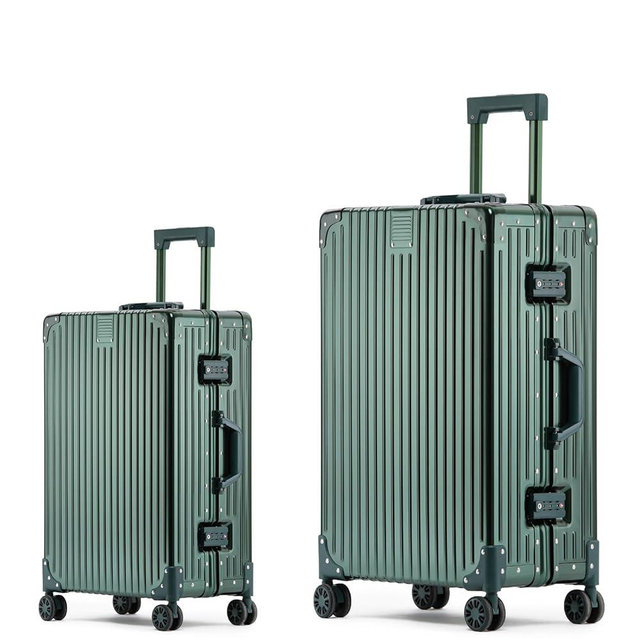 XZSP AISU Metal All Aluminum Carry-on Luggage TSA Customs Lock Zipperless Silent Rotary Wheel Business Suitcase Aluminum Frame Set (dark green, 2Piece(20/26))