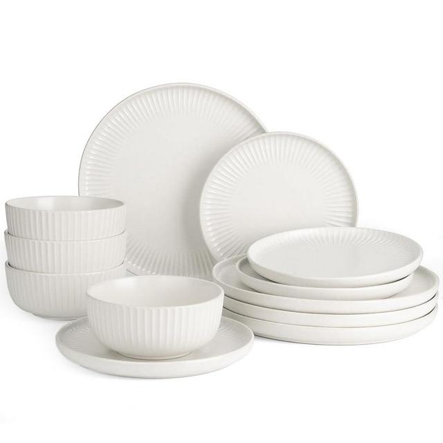 Famiware Starlight Dinnerware Sets, Plates and Bowls Dish Set for 4 (12-Piece), Ridge Textured Stoneware Tableware - Dishwasher & Microwave Safe, Chip Resistant, Reactive Glaze, Matte White