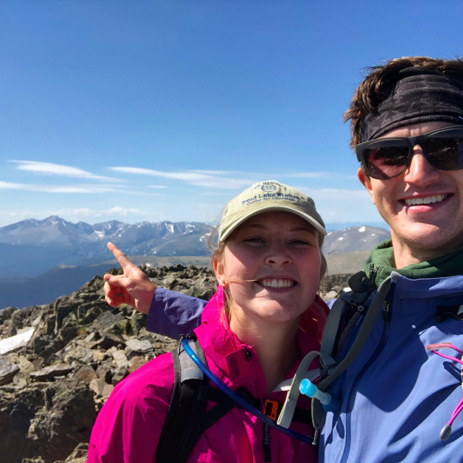 On top of Mt. Ypsilon in Rocky Mountain NP, with Carl pointing at Longs Peak! (2020)