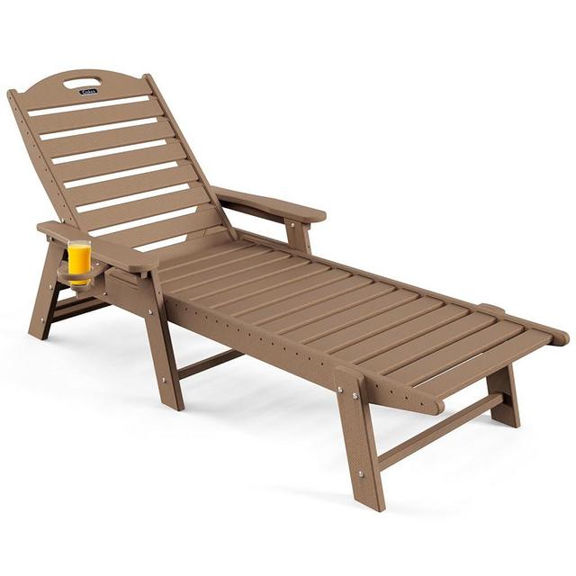 Chaise Lounge Outdoor with 6-Position, Oversized Patio Lounge Chairs with Cup Holder in HDPE, Lounge Chair for Outside Beach Pool, 480LBS, Brown