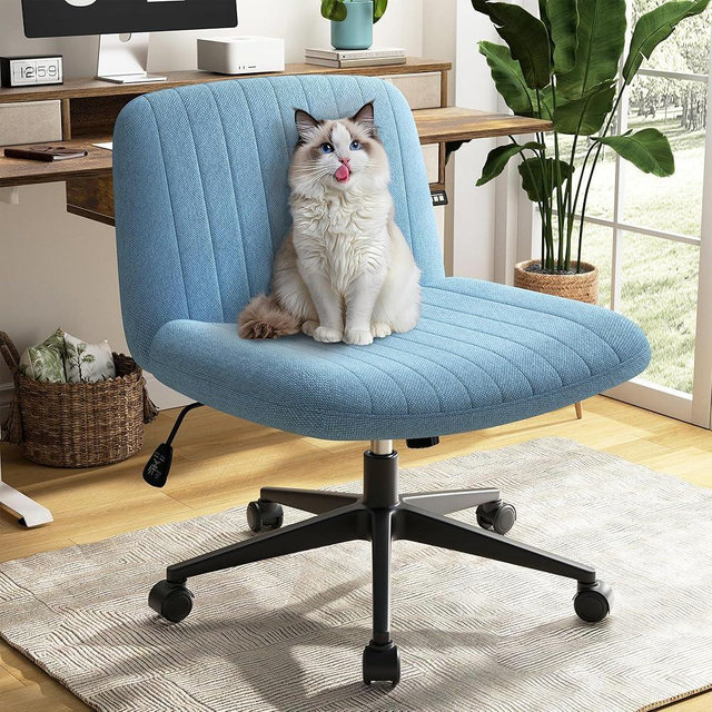 SUNLEI Cross Legged Office Chair with Wheels, Armless Wide Chair's for Vanity Desk, Criss Cross Comfy Chairs with Back, Desk Chair/s of Height Adjustable Swivel, Blue